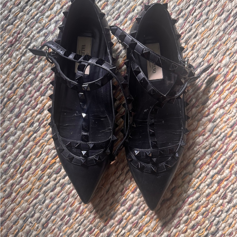 Valentino Black Patent Rockstud Strappy Pointed Flats